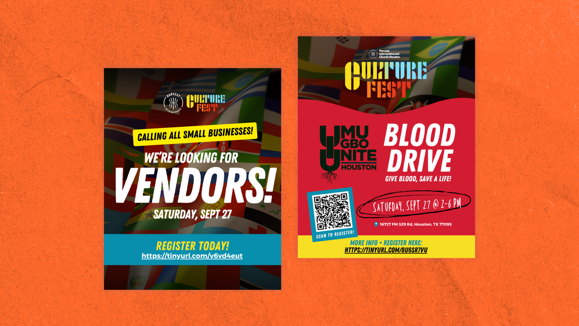 Culture Fest vendor call and blood drive social graphics